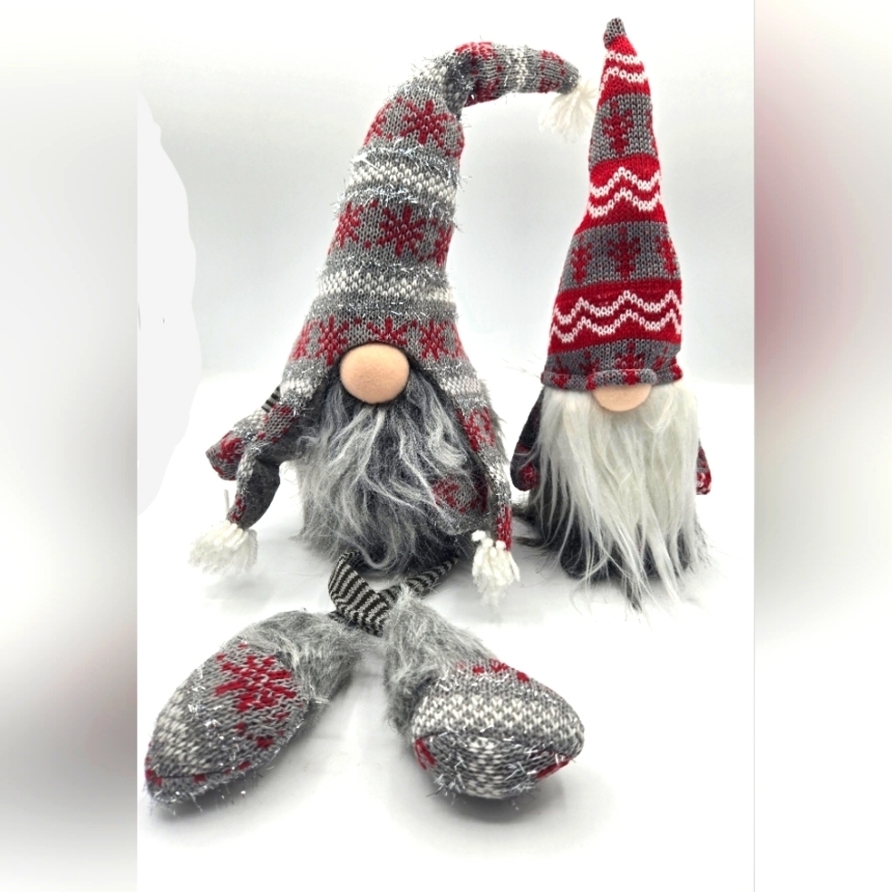 WINTER GNOMES NEW Gray White Red Hats Set of Two